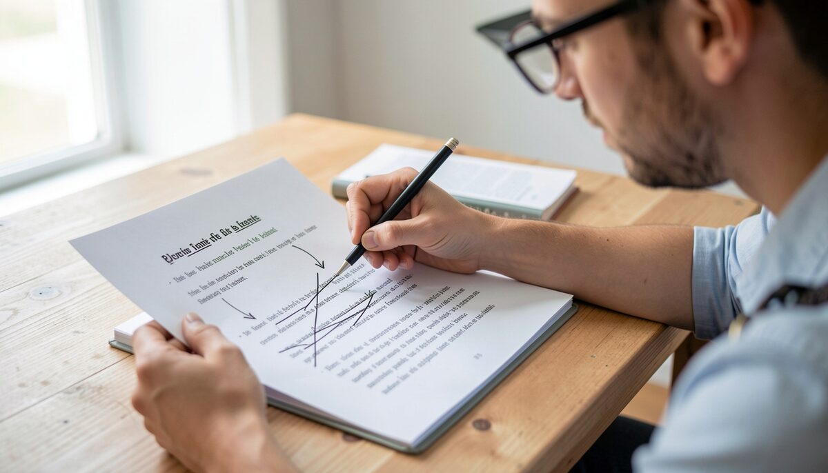A writer simplifying a printed draft with arrows and crossed out sentences in a bright room