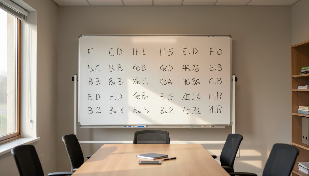 A whiteboard covered in handwritten four letter combinations in a small office meeting room