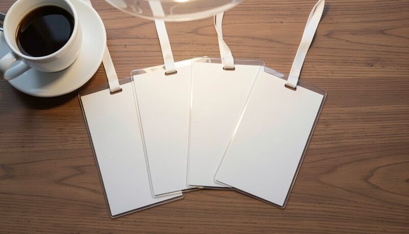 Four identical blank conference name badges fanned on a desk beside a coffee cup, overhead light