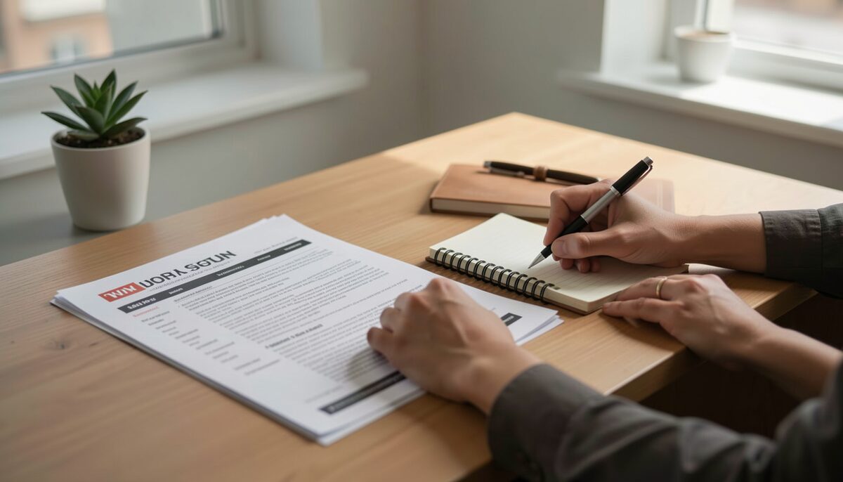 A researcher comparing printed search results on a desk beside a notebook and pen