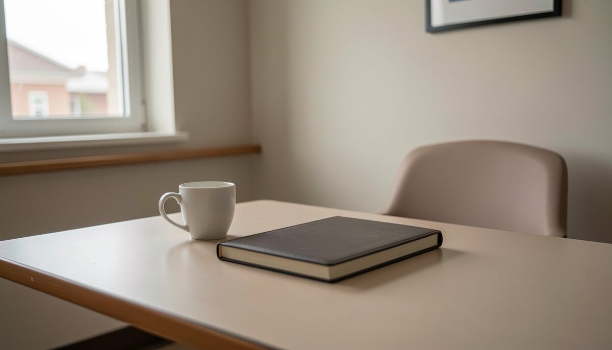 A quiet hospital break room in early morning, an empty coffee cup and a closed planner on a table, soft daylight through a window