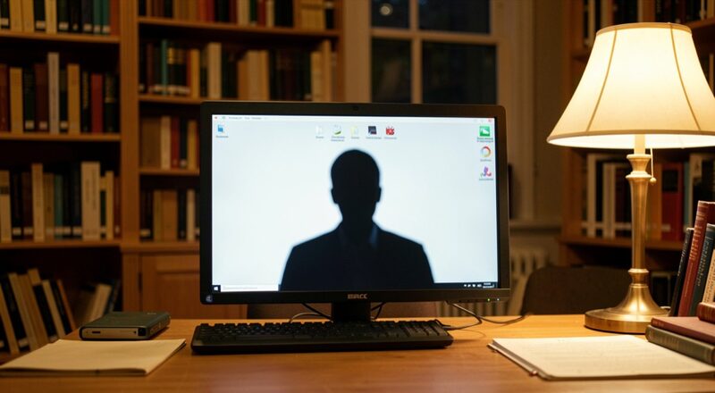 A computer monitor seen from behind on a library desk, its screen glowing toward a reader's silhouette, warm lamp light