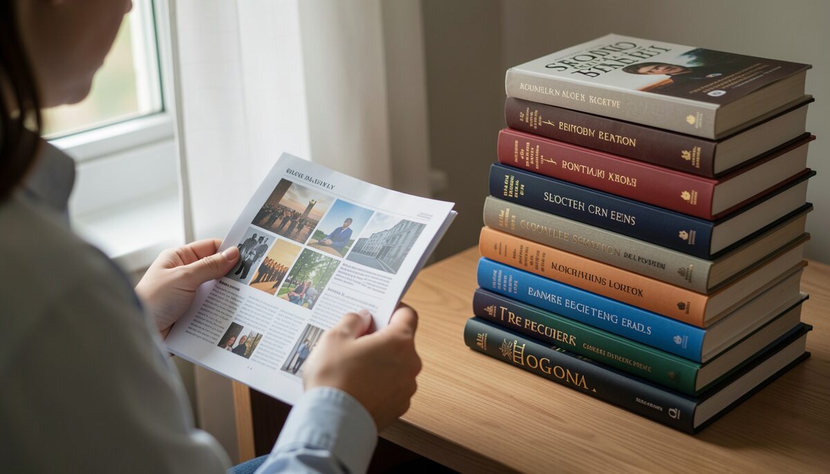 A reader holding a printed issue beside a stack of reference books. Illustrative image, generated with AI.