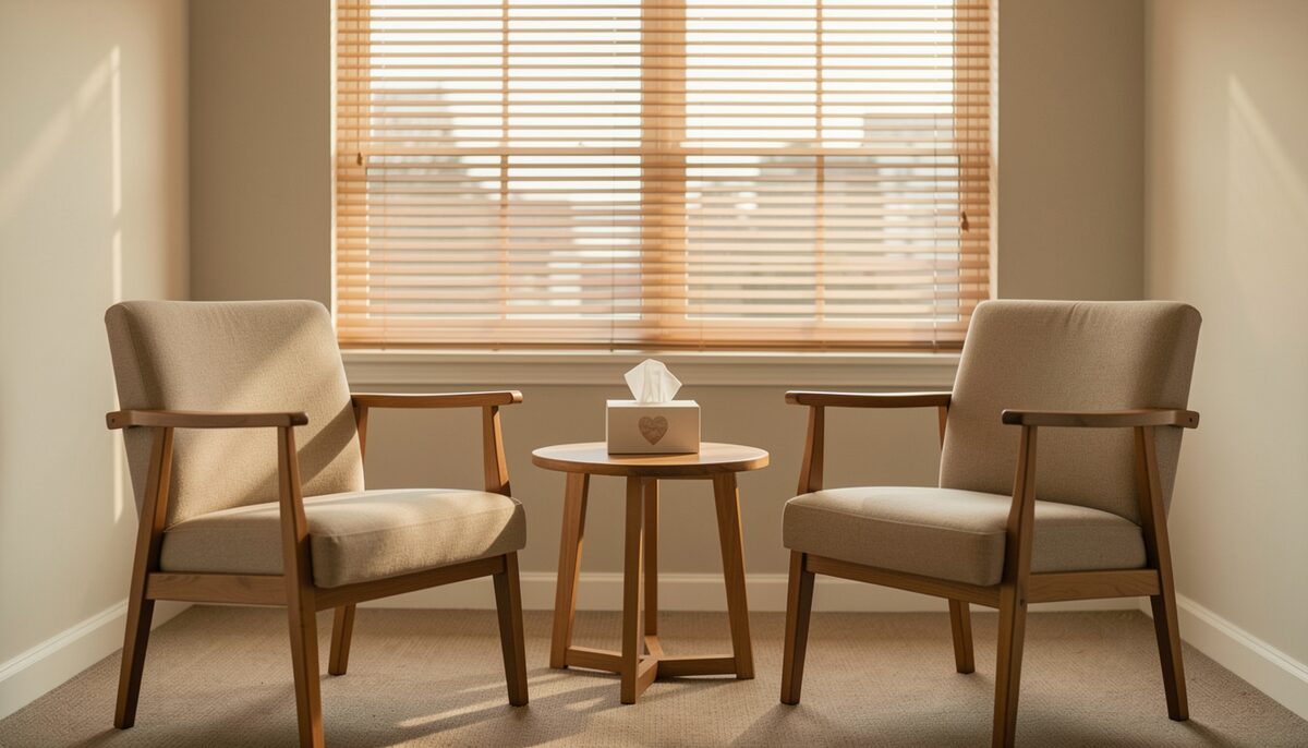 A quiet counseling room with two empty chairs facing each other, warm afternoon light through blinds, a box of tissues on a small table between them.