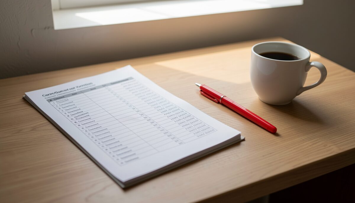 A desk with a printed corrections log open beside a red pen and a cup