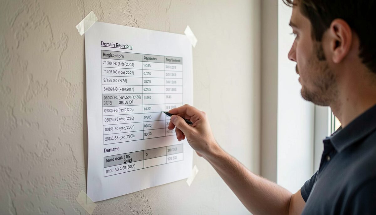 A person examining a printed timeline of domain registration dates taped to a wall