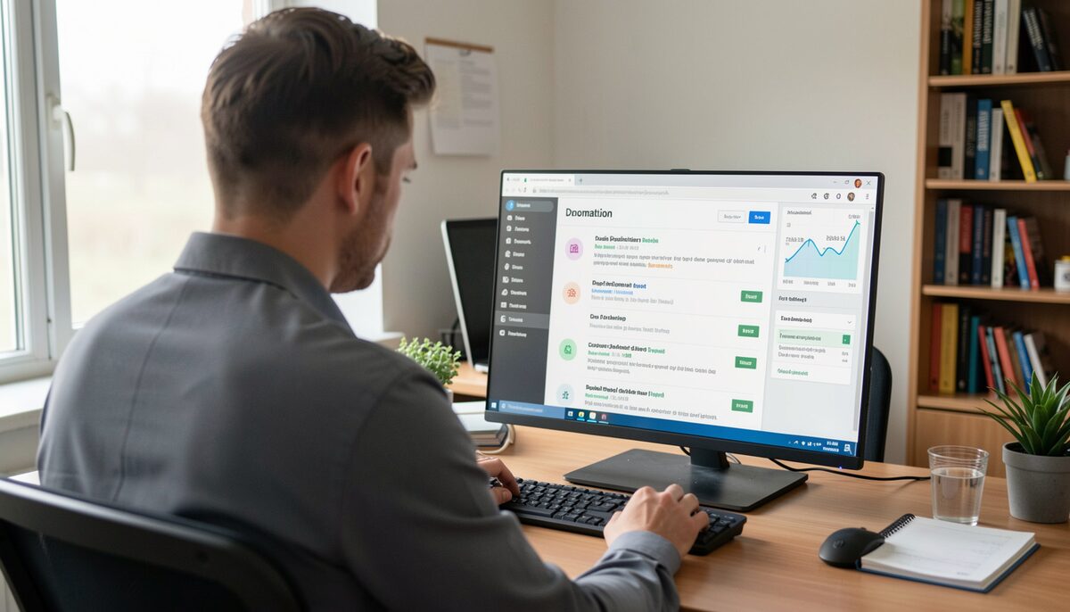 A technician examining a screen of domain reputation reports in a modest office