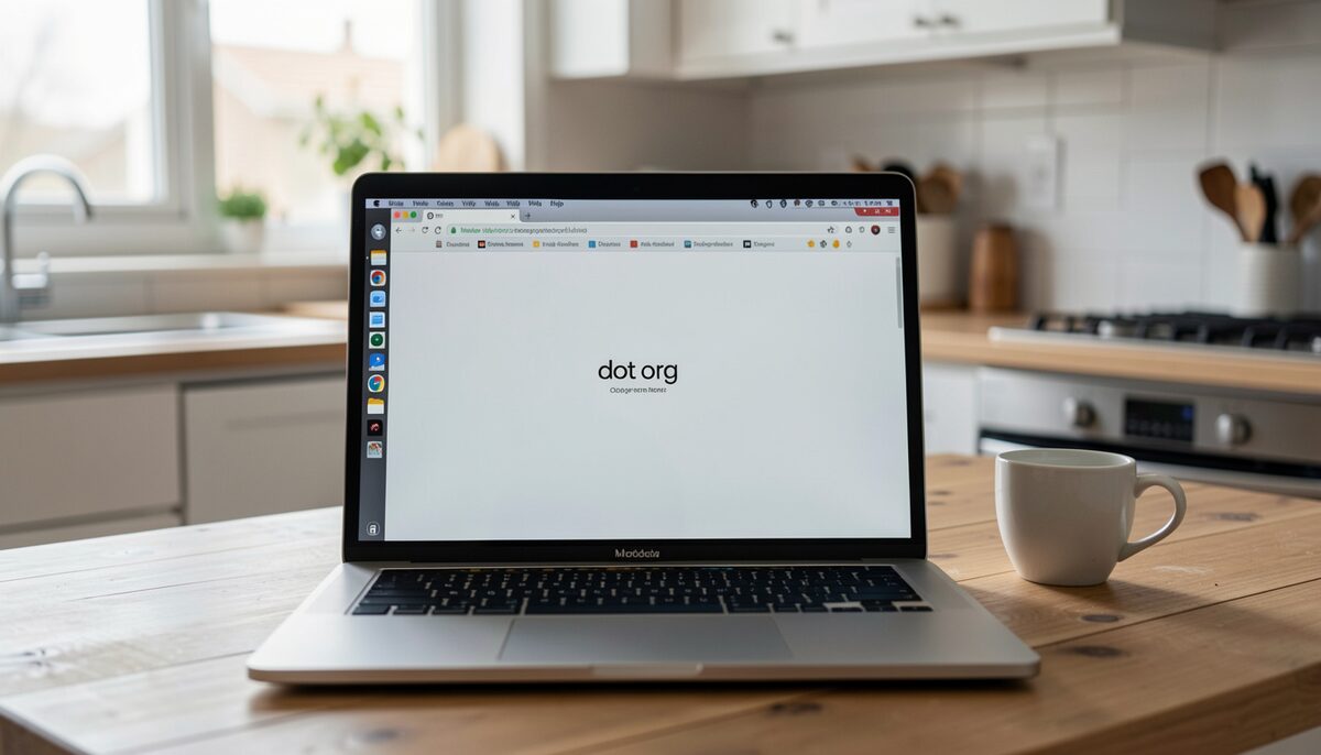 A laptop screen showing a browser address bar with a dot org domain being typed at a kitchen table
