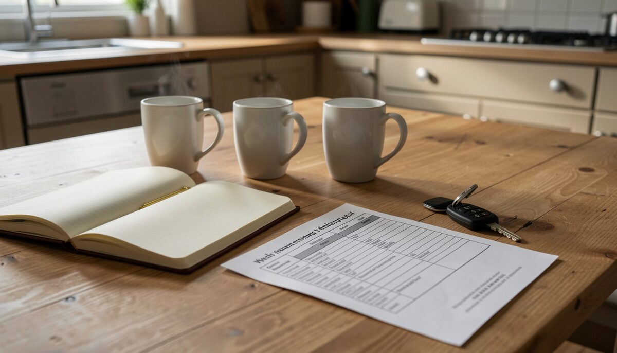 A kitchen table in early evening light, three coffee mugs, an open notebook and a folded printed schedule of weekly meetings resting beside a car key.