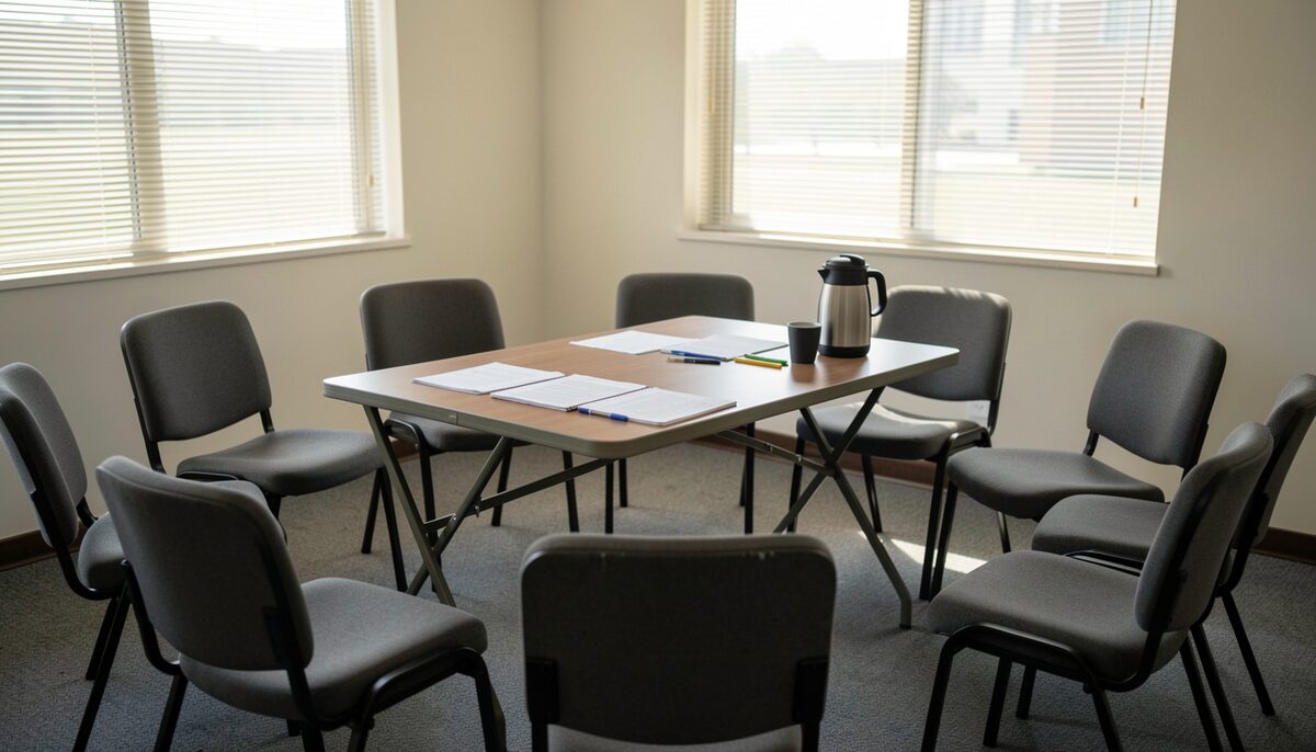 A quiet meeting room with chairs arranged in a circle, a folding table holding paper sign-in sheets, pens, and a coffee urn, morning light through half-closed blinds.