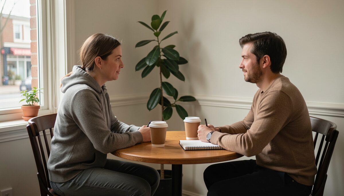 Two people seated across from each other at a small round table in a quiet corner of a café, daylight from a nearby window, two paper coffee cups and a notebook on the table.