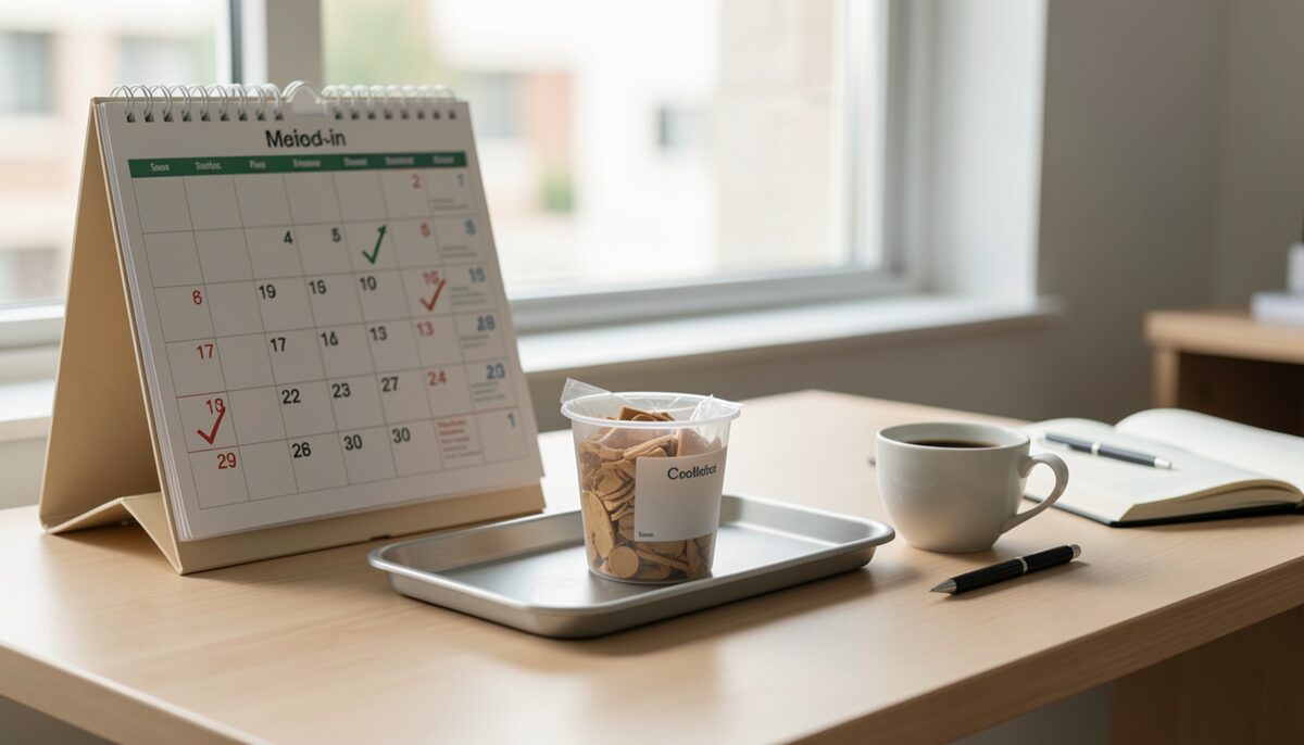 A pharmacist's desk in soft morning light with a calendar marked with check-in dates, a sealed collection cup on a tray, and a notebook open beside a cup of coffee.