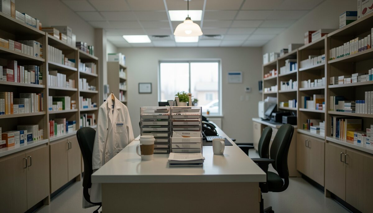 A dimly lit hospital pharmacy dispensing bench at the end of a long shift, with stacked medication trays, an untouched coffee cup, and a pharmacist's white coat hanging on a chair under a single overhead light.