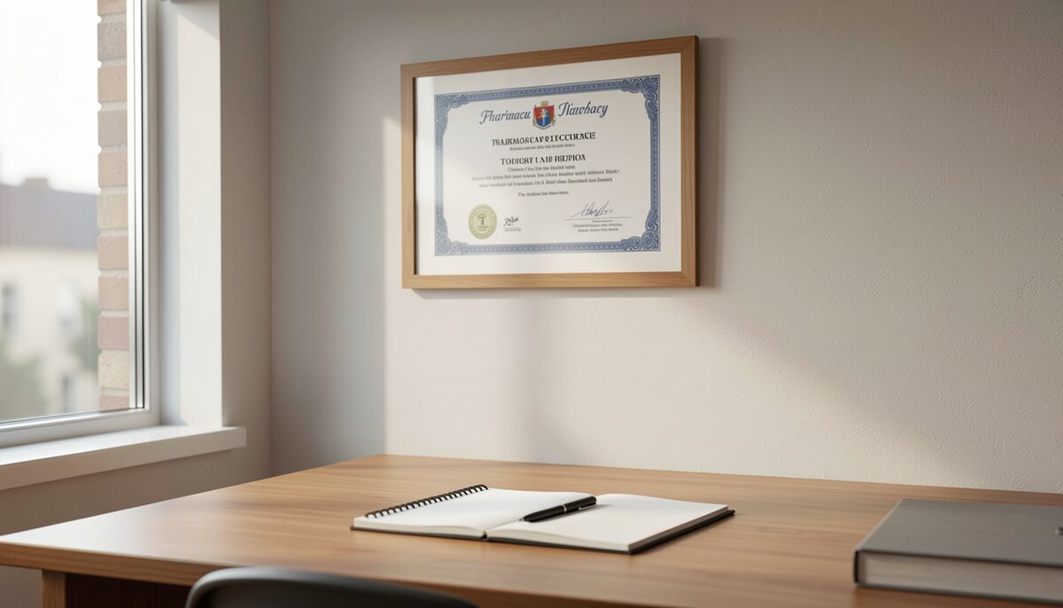 A framed pharmacy license certificate hanging on a wall above a tidy desk with a notepad and pen, morning light through a window.