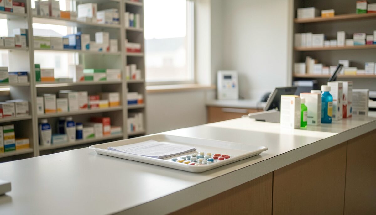A quiet hospital pharmacy counter in early morning light, a prescription tray and a counted medication on the surface.