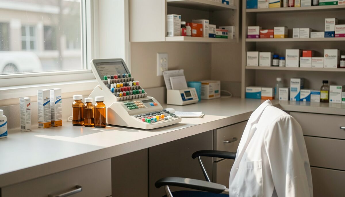A quiet hospital pharmacy dispensing bench in early morning light, with a pill counter, amber vials, and a rolled-sleeve white coat hanging on a nearby chair.