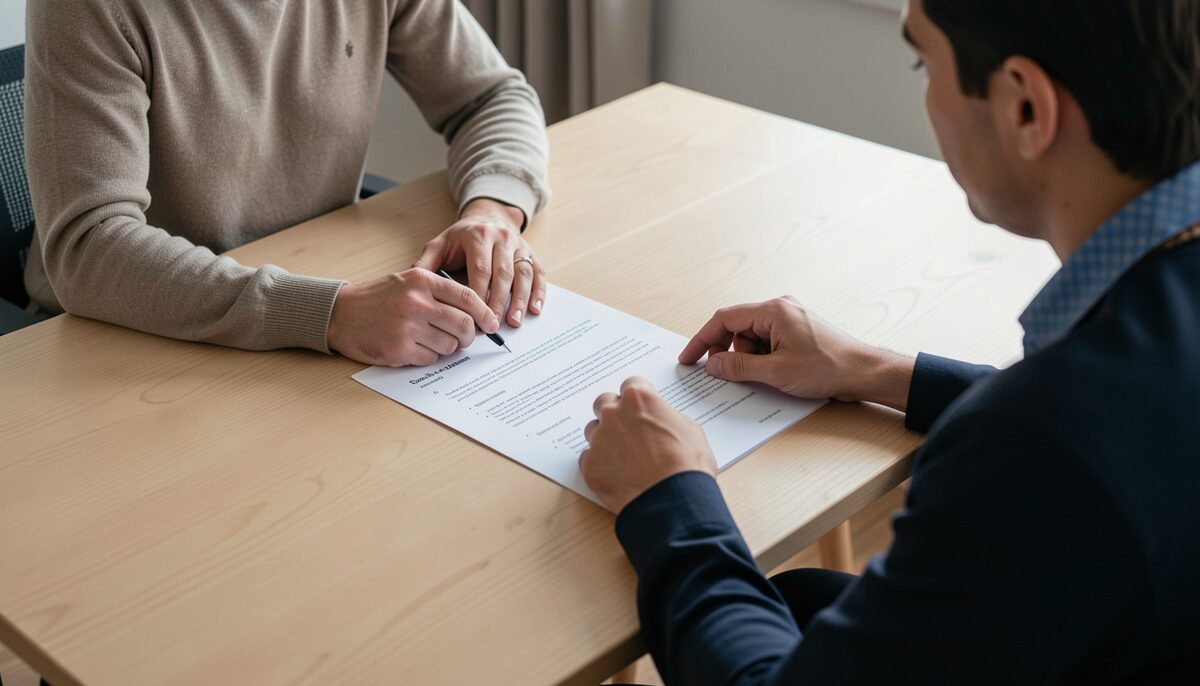 Two colleagues discussing a printed page of domain notes across a plain wooden table