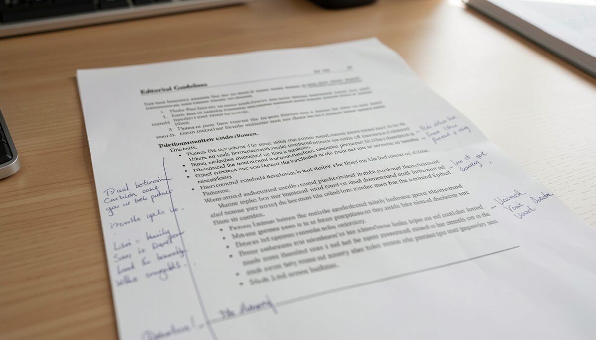 A printed page of editorial guidelines with handwritten margin notes on a desk. Illustrative image, generated with AI.