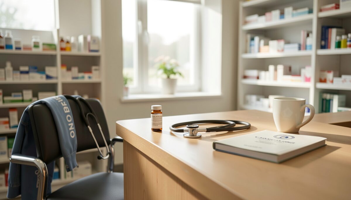 A quiet pharmacy consultation counter in morning light, with a closed prescription vial, a stethoscope draped over a chair, and a coffee cup beside a state licensing booklet.