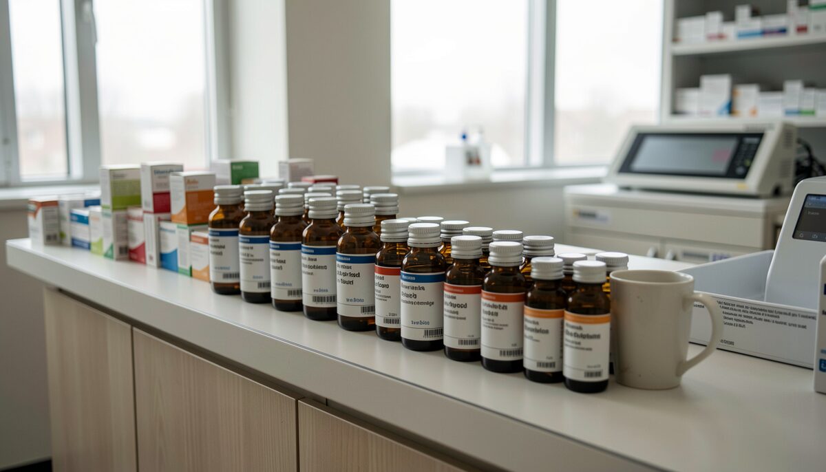 A hospital pharmacy dispensing bench in early morning light, with labeled amber vials neatly arranged and an empty coffee cup pushed to the side.