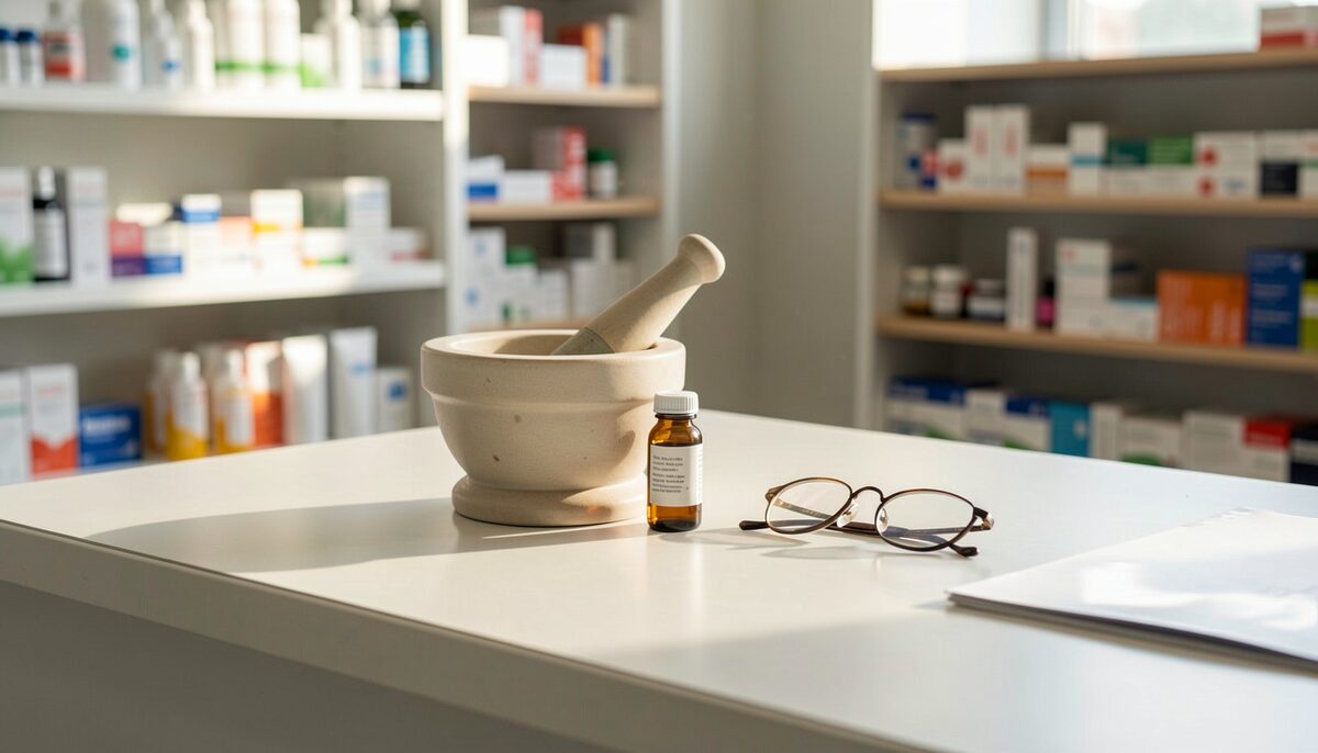 An empty pharmacy consultation counter in early morning light, with a mortar and pestle, a brown vial, and a folded pair of reading glasses on the laminate surface.