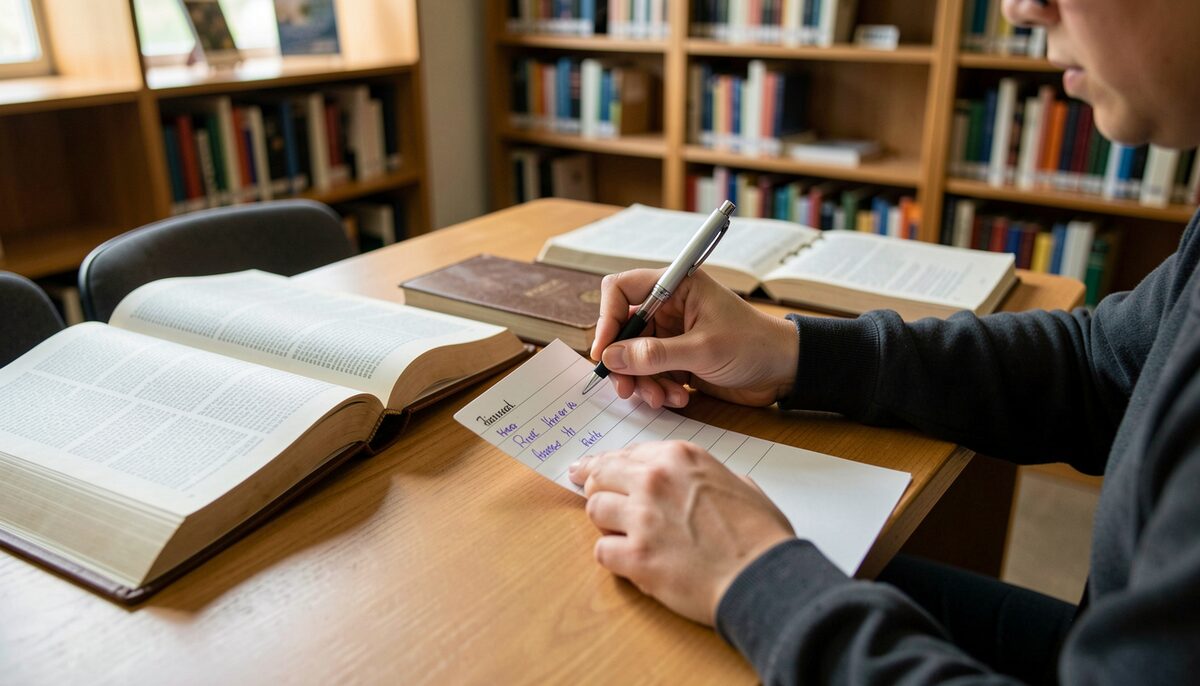 A person at a public library desk writing four letters on an index card beside an open dictionary
