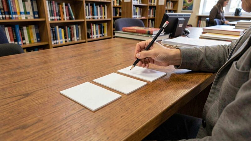 A person at a public library desk arranging five blank index cards in a row, a pencil poised above them