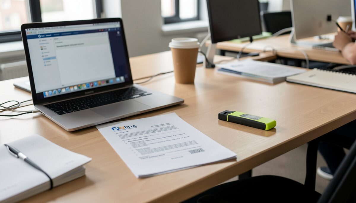 A desk with a laptop, a printed corporate filing and a highlighter in a shared workspace