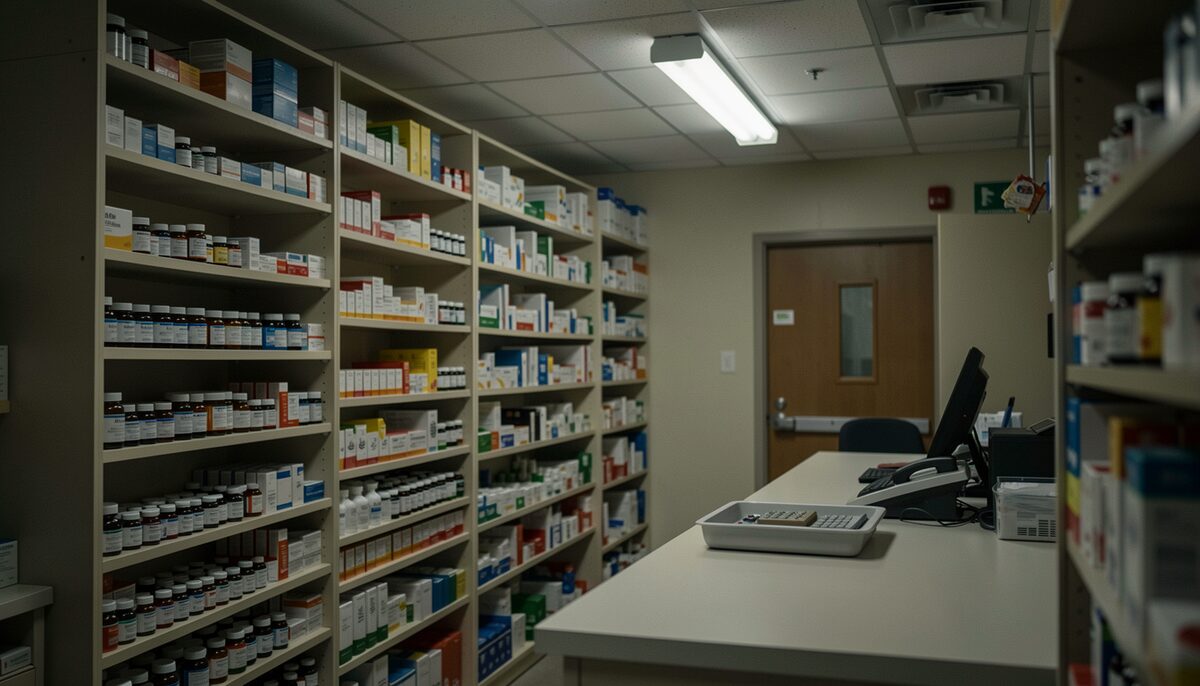 A dimly lit hospital pharmacy after hours, rows of shelves with medication stock bottles under a single fluorescent light, a counting tray on the counter.